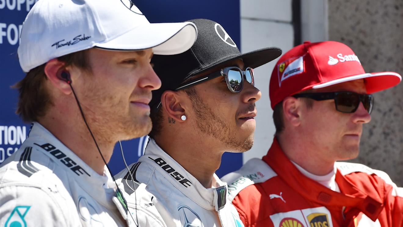 (L to R): Nico Rosberg (GER) Mercedes AMG F1, pole sitter Lewis Hamilton (GBR) Mercedes AMG F1 and Kimi Raikkonen (FIN) Ferrari celebrate in Parc Ferme  at Formula One World Championship, Rd7, Canadian Grand Prix, Qualifying, Montreal, Canada, Saturday 6 June 2015. © Sutton Motorsport Images