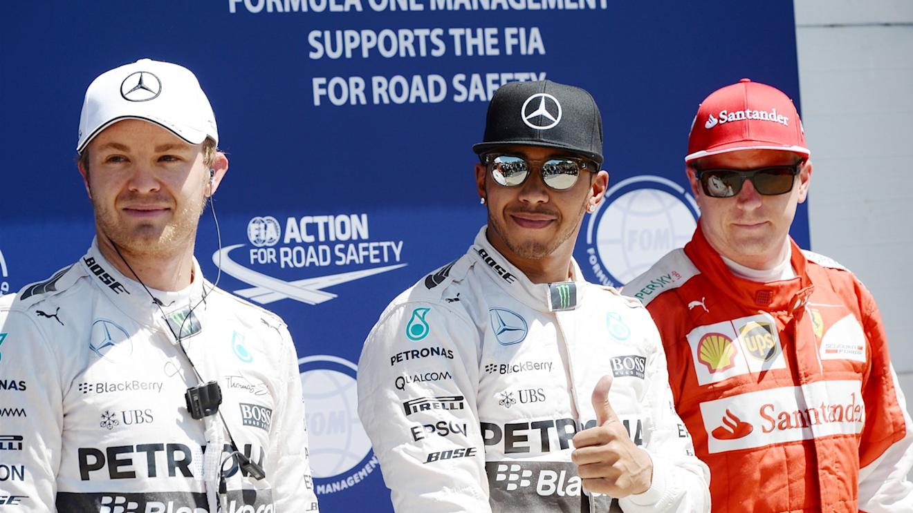 (L to R): Nico Rosberg (GER) Mercedes AMG F1, Lewis Hamilton (GBR) Mercedes AMG F1 and Kimi Raikkonen (FIN) Ferrari celebrate in parc ferme at Formula One World Championship, Rd7, Canadian Grand Prix, Qualifying, Montreal, Canada, Saturday 6 June 2015. © Sutton Motorsport Images