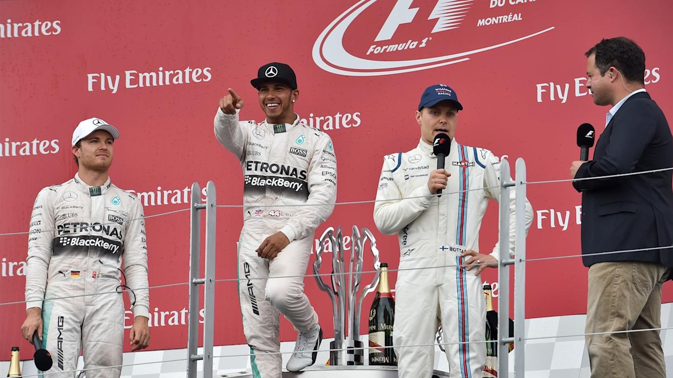 (L to R): Nico Rosberg (GER) Mercedes AMG F1, Lewis Hamilton (GBR) Mercedes AMG F1, Valtteri Bottas (FIN) Williams and Ted Kravitz (GBR) Sky TV celebrate on the Podium at Formula One World Championship, Rd7, Canadian Grand Prix, Race, Montreal, Canada, Sunday 7 June 2015. © Sutton Motorsport Images
