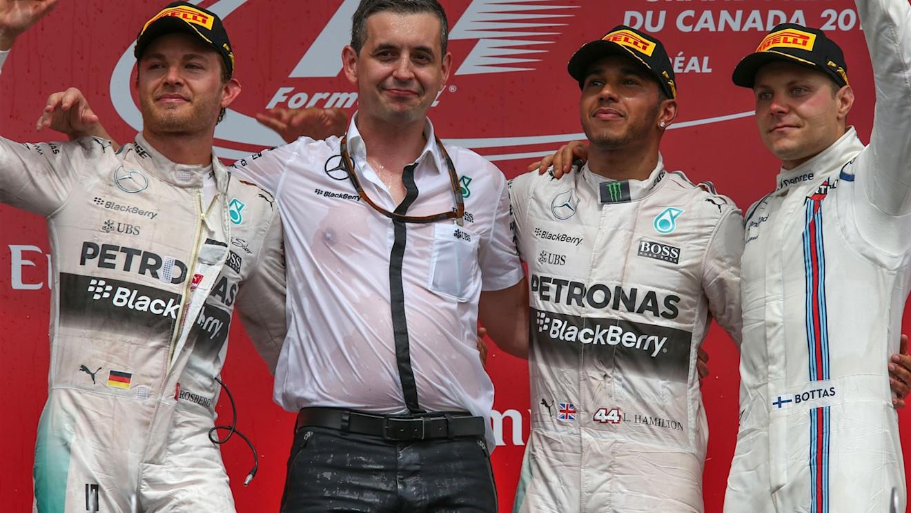 (L to R): Nico Rosberg (GER) Mercedes AMG F1, race winner Lewis Hamilton (GBR) Mercedes AMG F1 and Valtteri Bottas (FIN) Williams celebrate on the podium at Formula One World Championship, Rd7, Canadian Grand Prix, Race, Montreal, Canada, Sunday 7 June 2015. © Sutton Motorsport Images
