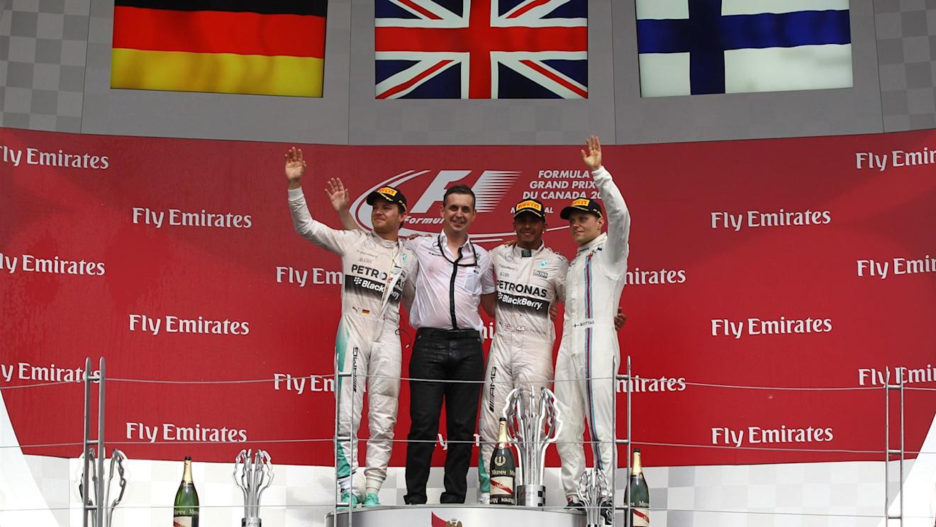 (L to R): Nico Rosberg (GER) Mercedes AMG F1, race winner Lewis Hamilton (GBR) Mercedes AMG F1 and Valtteri Bottas (FIN) Williams celebrate on the podium at Formula One World Championship, Rd7, Canadian Grand Prix, Race, Montreal, Canada, Sunday 7 June 2015. © Sutton Motorsport Images