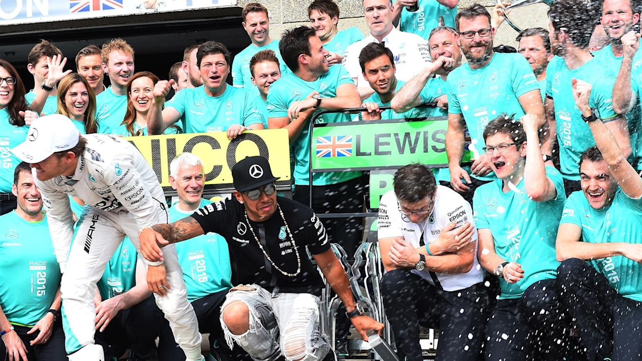 Race winner Lewis Hamilton (GBR) Mercedes AMG F1 and second placed Nico Rosberg (GER) Mercedes AMG F1 celebrate with the team at Formula One World Championship, Rd7, Canadian Grand Prix, Race, Montreal, Canada, Sunday 7 June 2015. © Sutton Motorsport Images