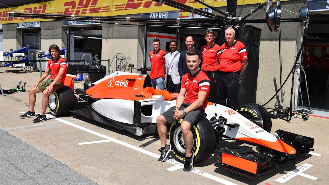 Will Stevens (GBR) Marussia, Roberto Merhi (ESP) Marussia, Graeme Lowdon (GBR) Chief Executive Officer Marussia and John Booth (GBR) Marussia Team Principal at the announcement of airbnb as sponsors at Formula One World Championship, Rd7, Canadian Grand Prix, Preparations, Montreal, Canada, Thursday 4 June 2015. © Sutton Motorsport Images