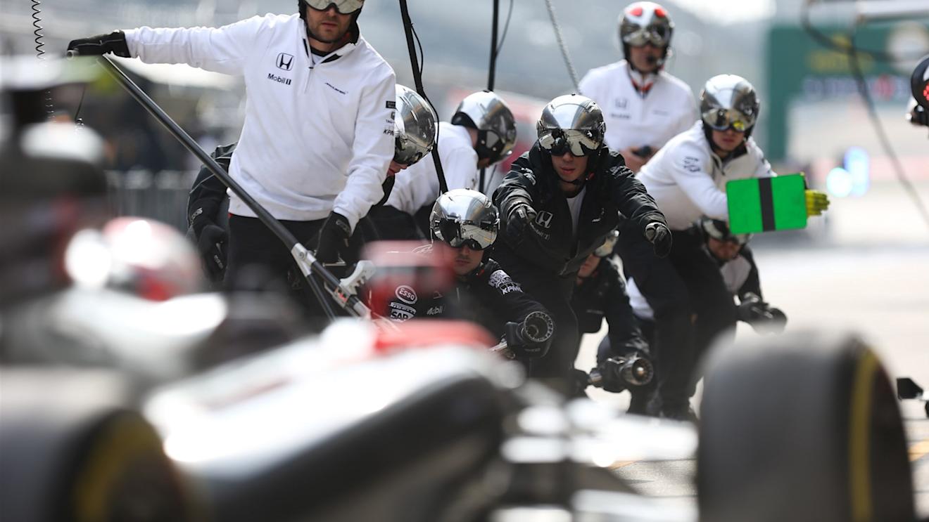 Fernando Alonso (ESP) McLaren MP4-30 makes a pitstop at Formula One World Championship, Rd3, Chinese Grand Prix, Practice, Shanghai, China, Friday 10 April 2015. © Sutton Motorsport Images