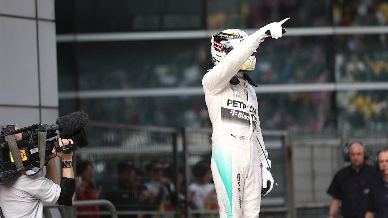 Pole sitter Lewis Hamilton (GBR) Mercedes AMG F1 celebrates in parc ferme at Formula One World Championship, Rd3, Chinese Grand Prix, Qualifying, Shanghai, China, Saturday 11 April 2015. © Sutton Motorsport Images