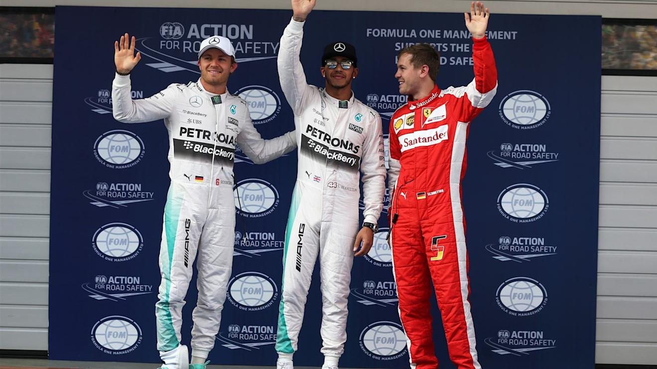 (L to R): Nico Rosberg (GER) Mercedes AMG F1 , pole sitter Lewis Hamilton (GBR) Mercedes AMG F1 and Sebastian Vettel (GER) Ferrari celebrate in parc ferme at Formula One World Championship, Rd3, Chinese Grand Prix, Qualifying, Shanghai, China, Saturday 11 April 2015. © Sutton Motorsport Images