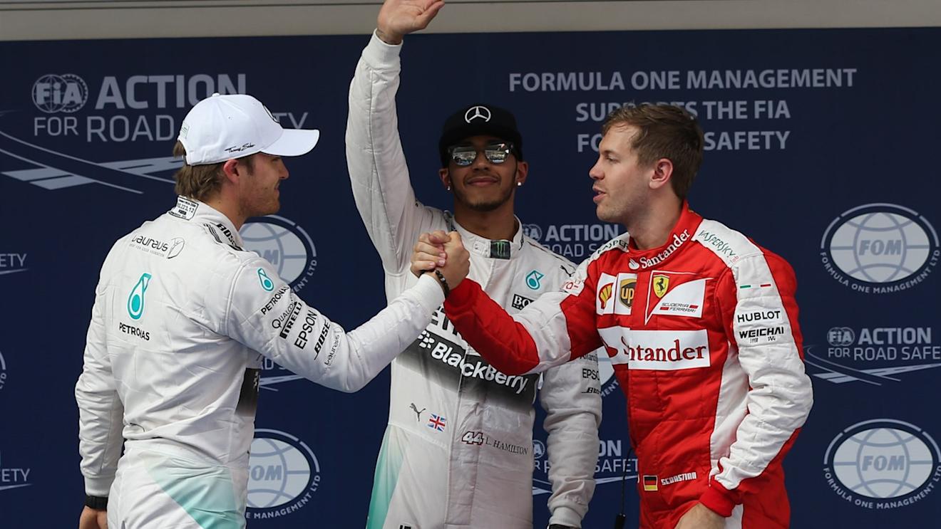 (L to R): Nico Rosberg (GER) Mercedes AMG F1, pole sitter Lewis Hamilton (GBR) Mercedes AMG F1 and Sebastian Vettel (GER) Ferrari celebrate in parc ferme at Formula One World Championship, Rd3, Chinese Grand Prix, Qualifying, Shanghai, China, Saturday 11 April 2015. © Sutton Motorsport Images