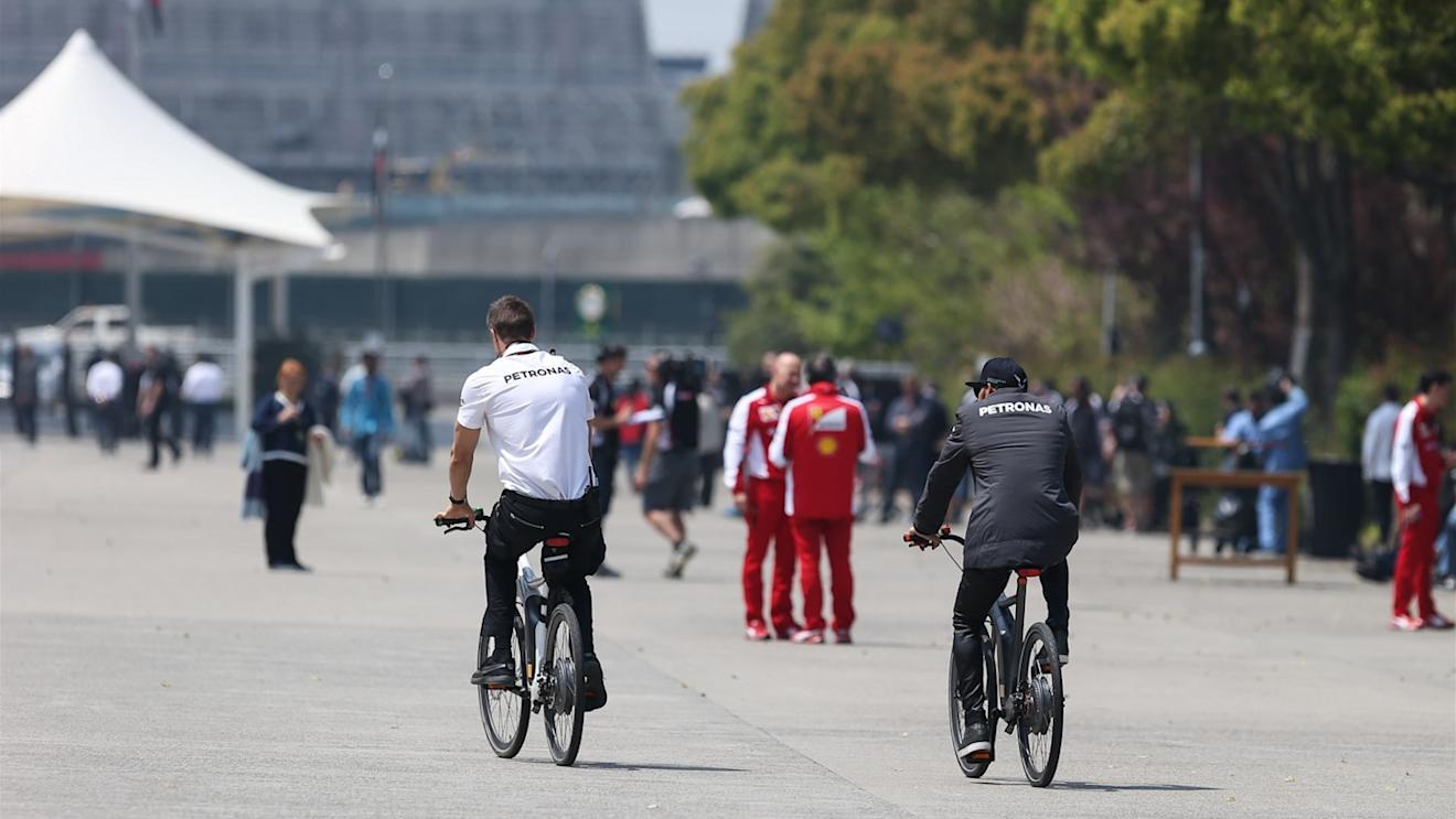 Lewis Hamilton (GBR) Mercedes AMG F1 on the bike at Formula One World Championship, Rd3, Chinese Grand Prix, Race, Shanghai, China, Sunday 12 April 2015. © Sutton Motorsport Images