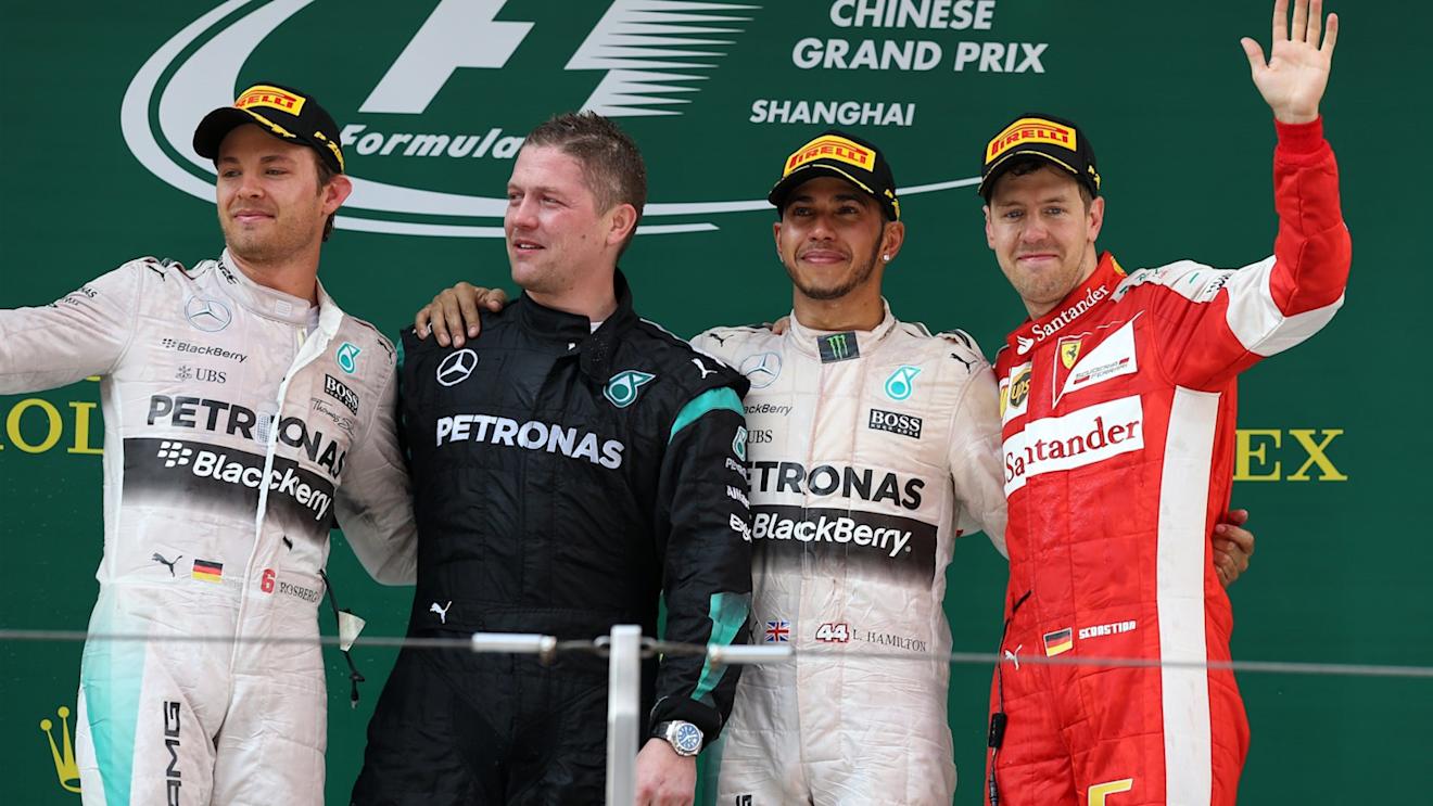 (L to R): Nico Rosberg (GER) Mercedes AMG F1, Lewis Hamilton (GBR) Mercedes AMG F1 and Sebastian Vettel (GER) Ferrari celebrate on the podium at Formula One World Championship, Rd3, Chinese Grand Prix, Race, Shanghai, China, Sunday 12 April 2015. © Sutton Motorsport Images