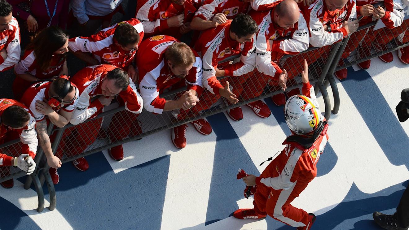 Sebastian Vettel (GER) Ferrari celebrates in parc ferme at Formula One World Championship, Rd3, Chinese Grand Prix, Race, Shanghai, China, Sunday 12 April 2015. © Sutton Motorsport Images
