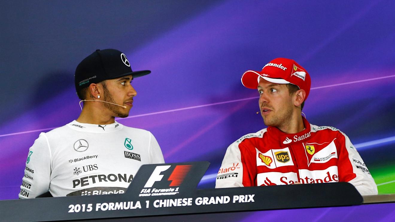 Lewis Hamilton (GBR) Mercedes AMG F1 and Sebastian Vettel (GER) Ferrari in the Press Conference at Formula One World Championship, Rd3, Chinese Grand Prix, Race, Shanghai, China, Sunday 12 April 2015. © Sutton Motorsport Images