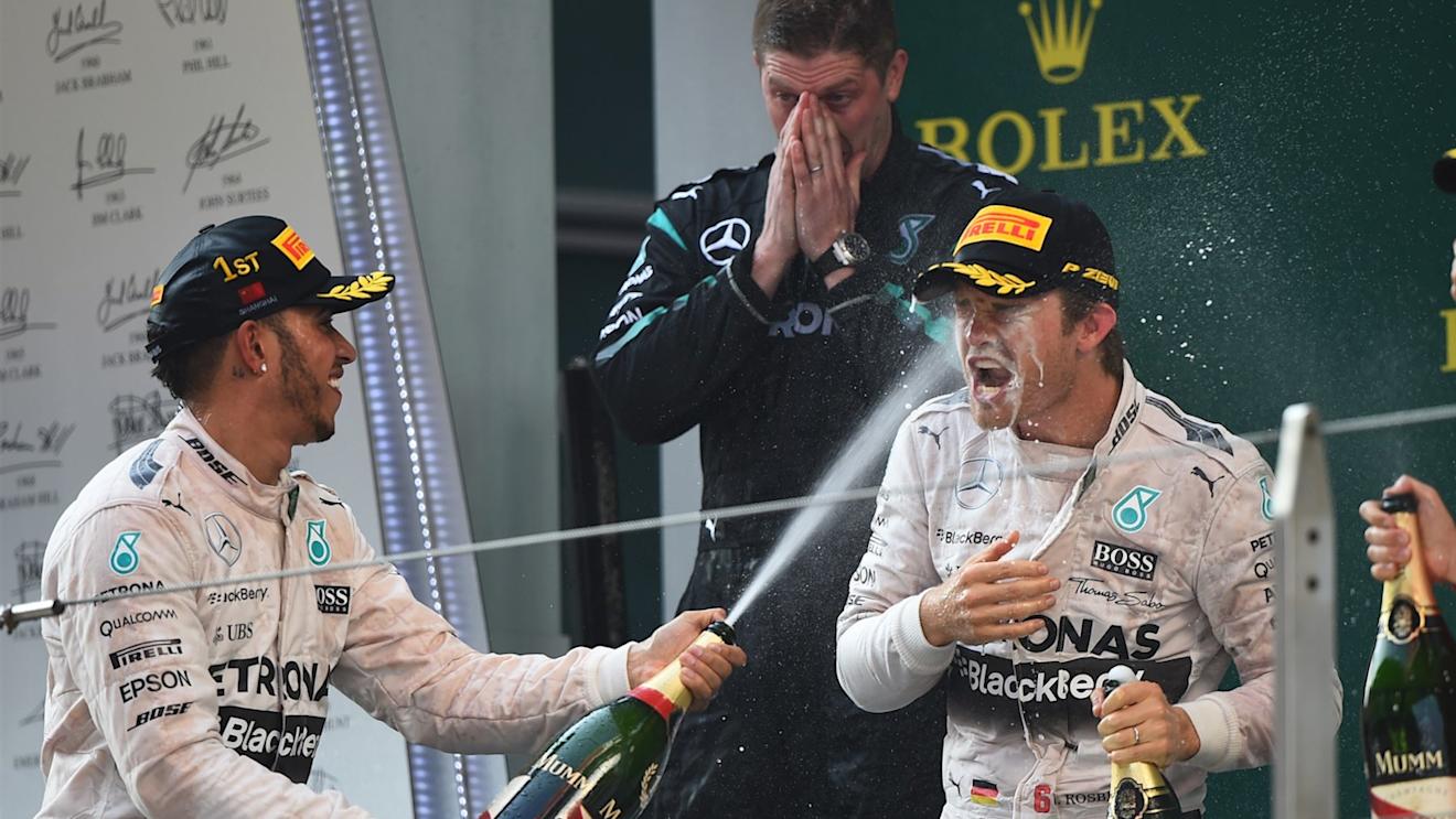 Lewis Hamilton (GBR) Mercedes AMG F1 and Nico Rosberg (GER) Mercedes AMG F1 celebrate on the podium with the champagne Formula One World Championship, Rd3, Chinese Grand Prix, Race, Shanghai, China, Sunday 12 April 2015. © Sutton Motorsport Images