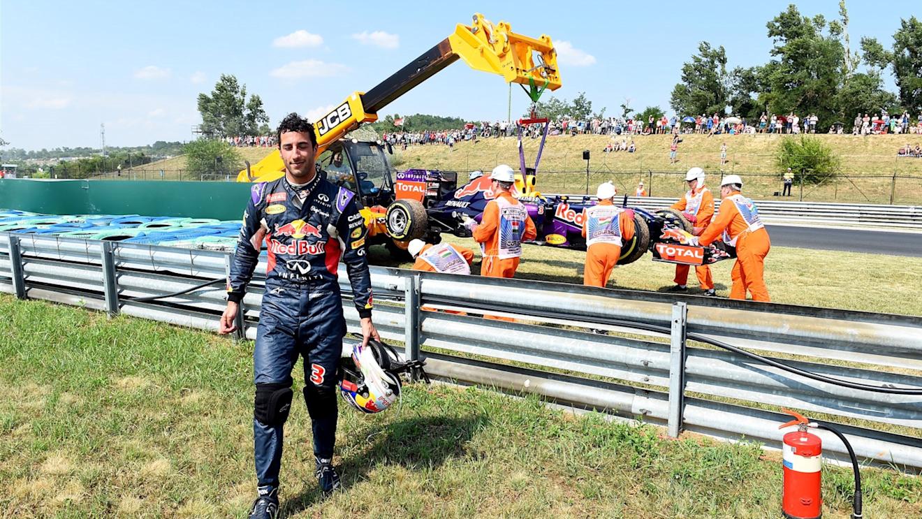 The Red Bull Racing RB11 car of Daniel Ricciardo (AUS) Red Bull Racing is recovered after suffering engine failure in FP2 at Formula One World Championship, Rd10, Hungarian Grand Prix, Practice, Hungaroring, Hungary, Friday 24 July 2015. © Sutton Motorsport Images