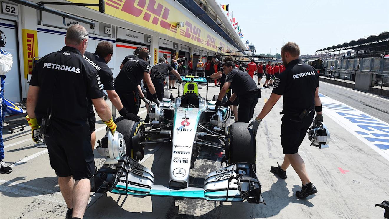 The car of Nico Rosberg (GER) Mercedes AMG F1 W06 is pushed down the pitlane after stopping at the end of FP3 at Formula One World Championship, Rd10, Hungarian Grand Prix, Qualifying, Hungaroring, Hungary, Saturday 25 July 2015. © Sutton Motorsport Images