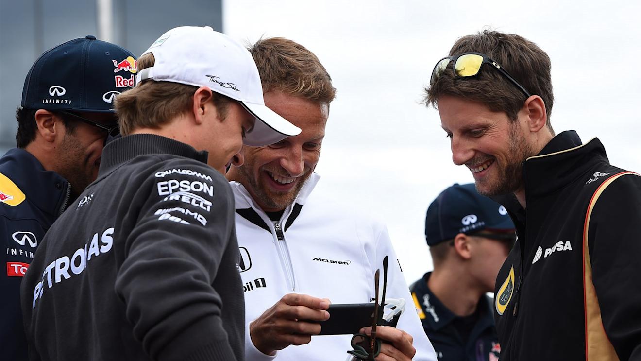 Nico Rosberg (GER) Mercedes AMG F1, Jenson Button (GBR) McLaren and Romain Grosjean (FRA) Lotus F1 on the drivers parade at Formula One World Championship, Rd10, Hungarian Grand Prix, Race, Hungaroring, Hungary, Sunday 26 July 2015. © Sutton Motorsport Images