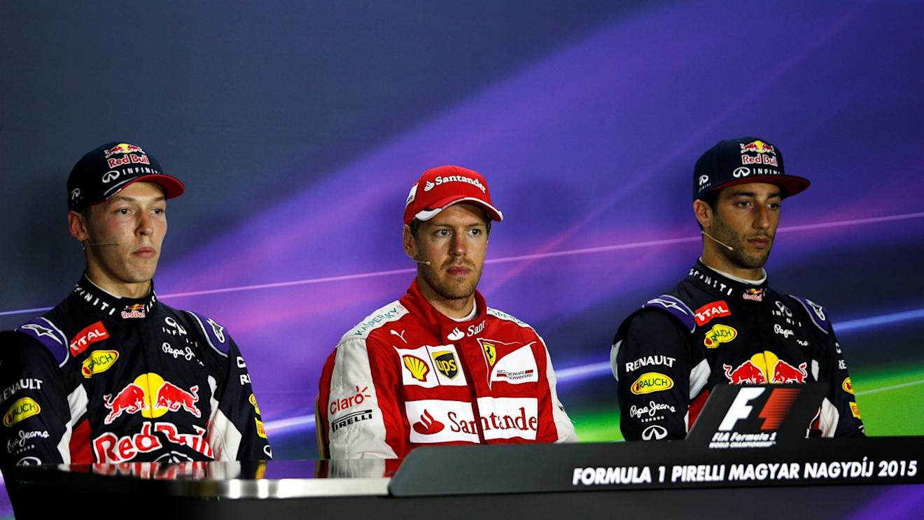 (L to R): Daniil Kyvat (RUS) Red Bull Racing, Sebastian Vettel (GER) Ferrari and Daniel Ricciardo (AUS) Red Bull Racing in the Press Conference  at Formula One World Championship, Rd10, Hungarian Grand Prix, Race, Hungaroring, Hungary, Sunday 26 July 2015. © Sutton Motorsport Images
