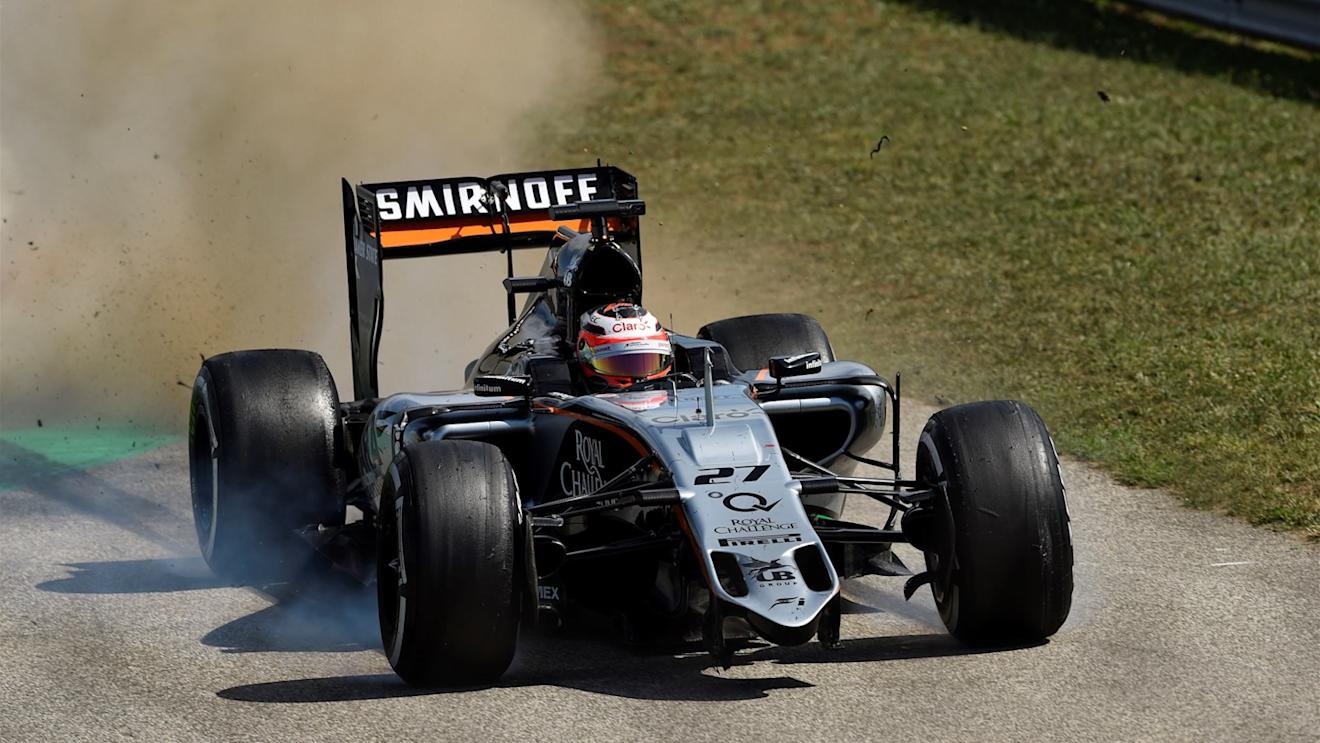 Nico Hulkenberg (GER) Force India VJM08 loses his front wing at Formula One World Championship, Rd10, Hungarian Grand Prix, Race, Hungaroring, Hungary, Sunday 26 July 2015. © Sutton Motorsport Images
