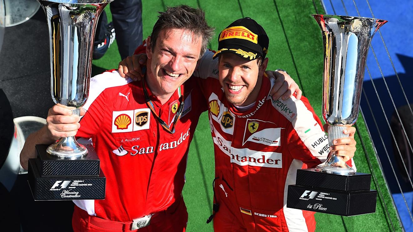 Race winner Sebastian Vettel (GER) Ferrari and James Allison (GBR) Ferrari Chassis Technical Director celebrate on the podium with the trophies at Formula One World Championship, Rd10, Hungarian Grand Prix, Race, Hungaroring, Hungary, Sunday 26 July 2015. © Sutton Motorsport Images