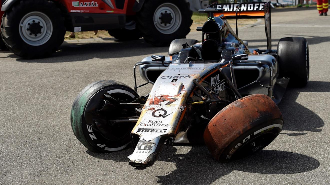 The crashed and damaged car of Nico Hulkenberg (GER) Force India VJM08 at Formula One World Championship, Rd10, Hungarian Grand Prix, Race, Hungaroring, Hungary, Sunday 26 July 2015. © Sutton Motorsport Images