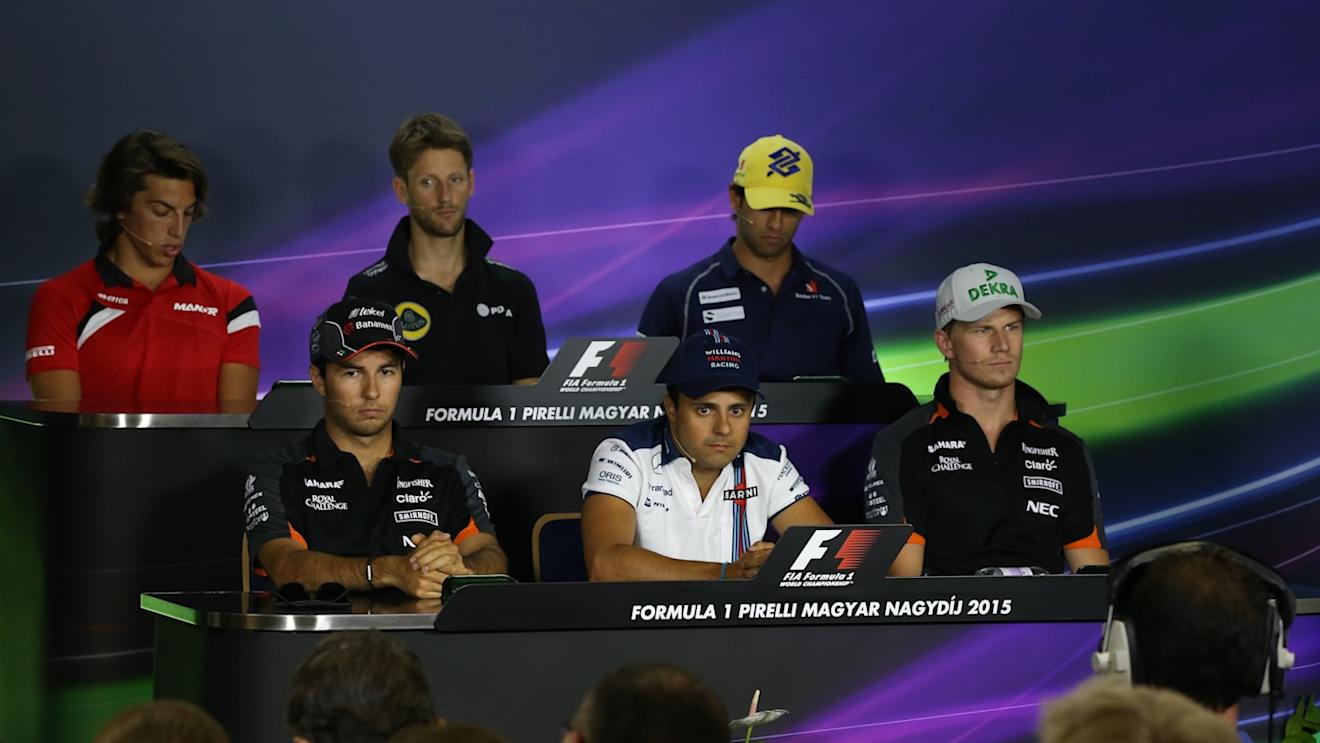 (L to R) Roberto Merhi (ESP) Marussia, Sergio Perez (MEX) Force India, Romain Grosjean (FRA) Lotus F1, Felipe Massa (BRA) Williams, Felipe Nasr (BRA) Sauber and Nico Hulkenberg (GER) Force India F1 in the press conference at Formula One World Championship, Rd10, Hungarian Grand Prix, Preparations, Hungaroring, Hungary, Thursday 23 July 2015. © Sutton Motorsport Images