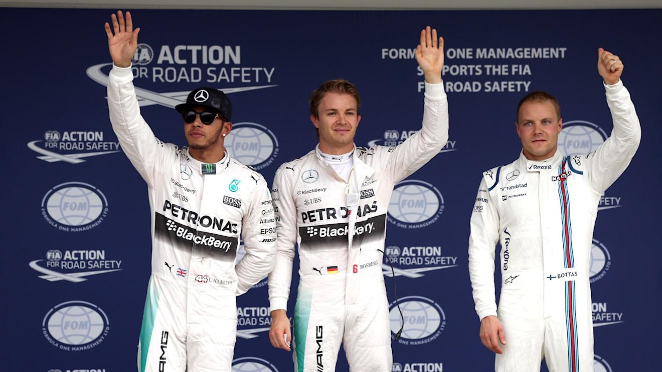 (L to R): Lewis Hamilton (GBR) Mercedes AMG F1, Pole sitter Nico Rosberg (GER) Mercedes AMG F1 and Valtteri Bottas (FIN) Williams celebrate in parc ferme at Formula One World Championship, Rd14, Japanese Grand Prix, Qualifying, Suzuka, Japan, Saturday 26 September 2015. © Sutton Motorsport Images