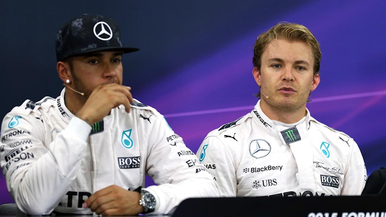Lewis Hamilton (GBR) Mercedes AMG F1 and pole sitter Nico Rosberg (GER) Mercedes AMG F1 in the Press Conference at Formula One World Championship, Rd14, Japanese Grand Prix, Qualifying, Suzuka, Japan, Saturday 26 September 2015. © Sutton Motorsport Images