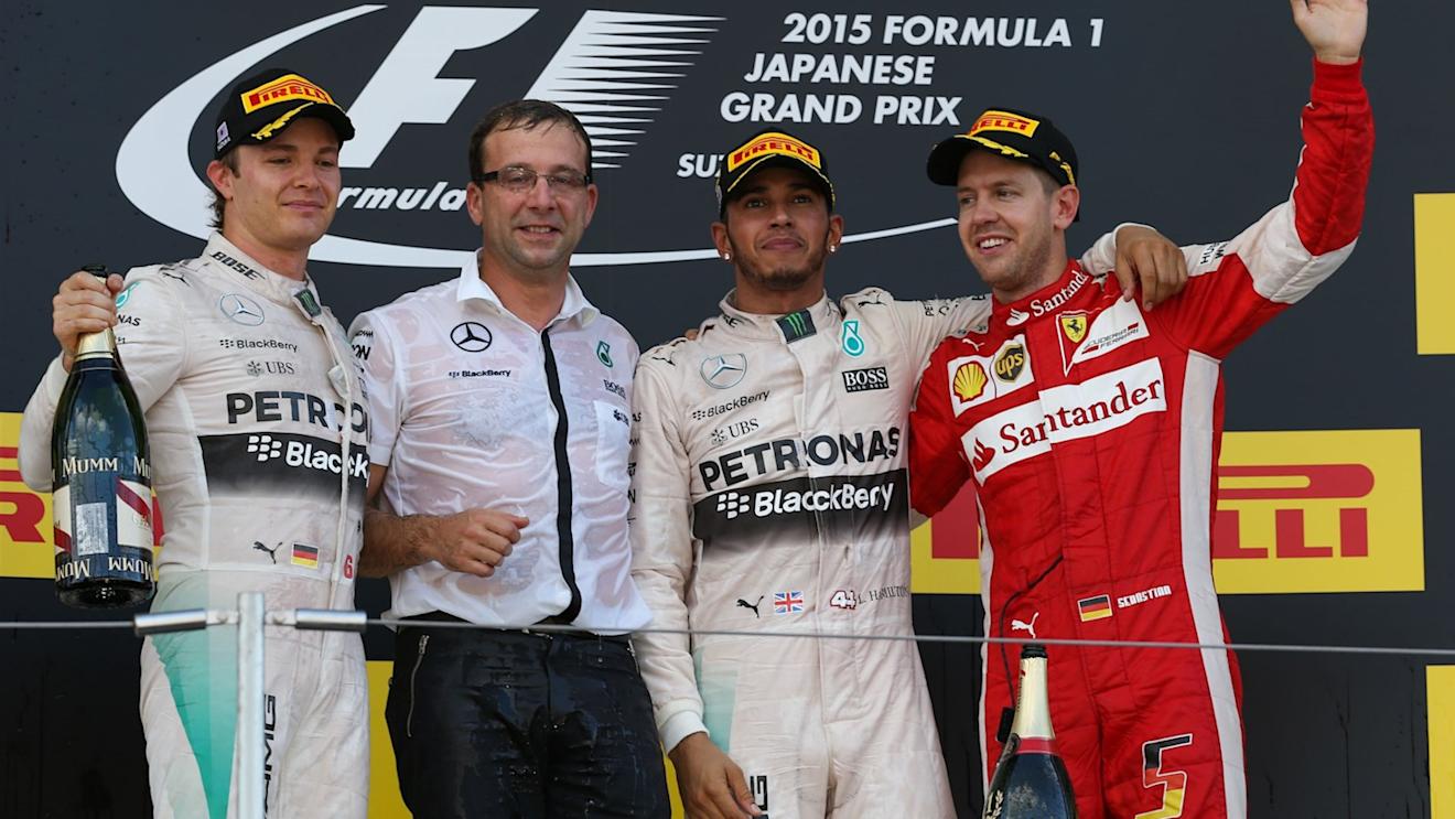 (L to R): Nico Rosberg (GER) Mercedes AMG F1, race winner Lewis Hamilton (GBR) Mercedes AMG F1 and Sebastian Vettel (GER) Ferrari celebrate on the podium at Formula One World Championship, Rd14, Japanese Grand Prix, Race, Suzuka, Japan, Sunday 27 September 2015. © Sutton Motorsport Images