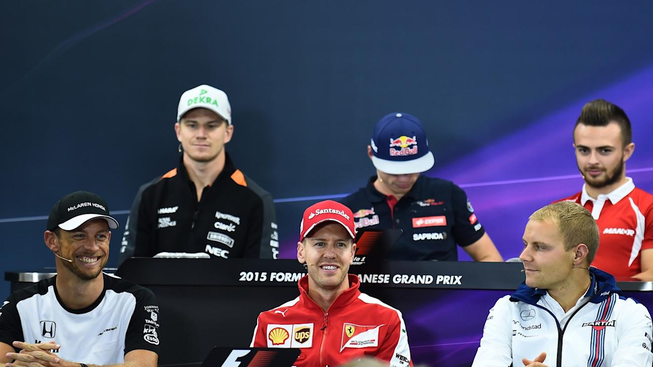 Nico Hulkenberg (GER) Force India F1, Max Verstappen (NDL) Scuderia Toro Rosso, Will Stevens (GBR) Manor GP, Jenson Button (GBR) McLaren, Sebastian Vettel (GER) Ferrari and Valtteri Bottas (FIN) Williams in the press conference at Formula One World Championship, Rd14, Japanese Grand Prix, Preparations, Suzuka, Japan, Thursday 24 September 2015. © Sutton Motorsport Images