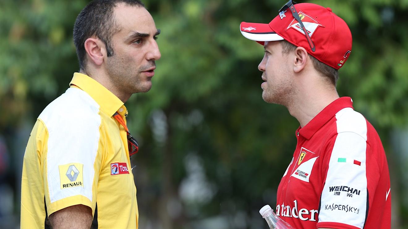 Cyril Abiteboul (FRA) Renault Sport and Sebastian Vettel (GER) Ferrari  at Formula One World Championship, Rd2, Malaysian Grand Prix, Practice, Sepang, Malaysia, Friday 27  March 2015. © Sutton Motorsport Images