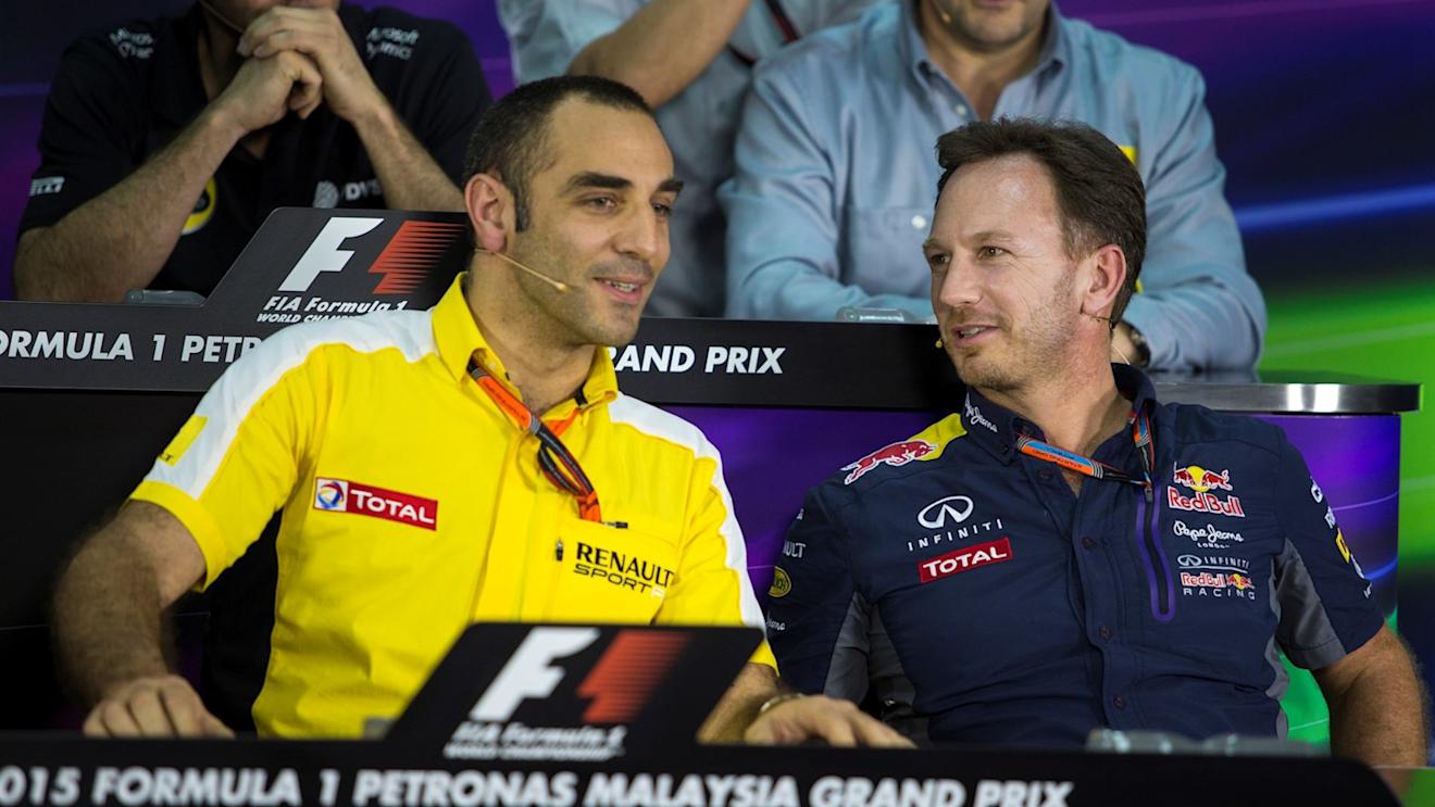 Cyril Abiteboul (FRA) Renault Sport and Christian Horner (GBR) Red Bull Racing Team Principal in the Press Conference at Formula One World Championship, Rd2, Malaysian Grand Prix, Practice, Sepang, Malaysia, Friday 27  March 2015. © Sutton Motorsport Images