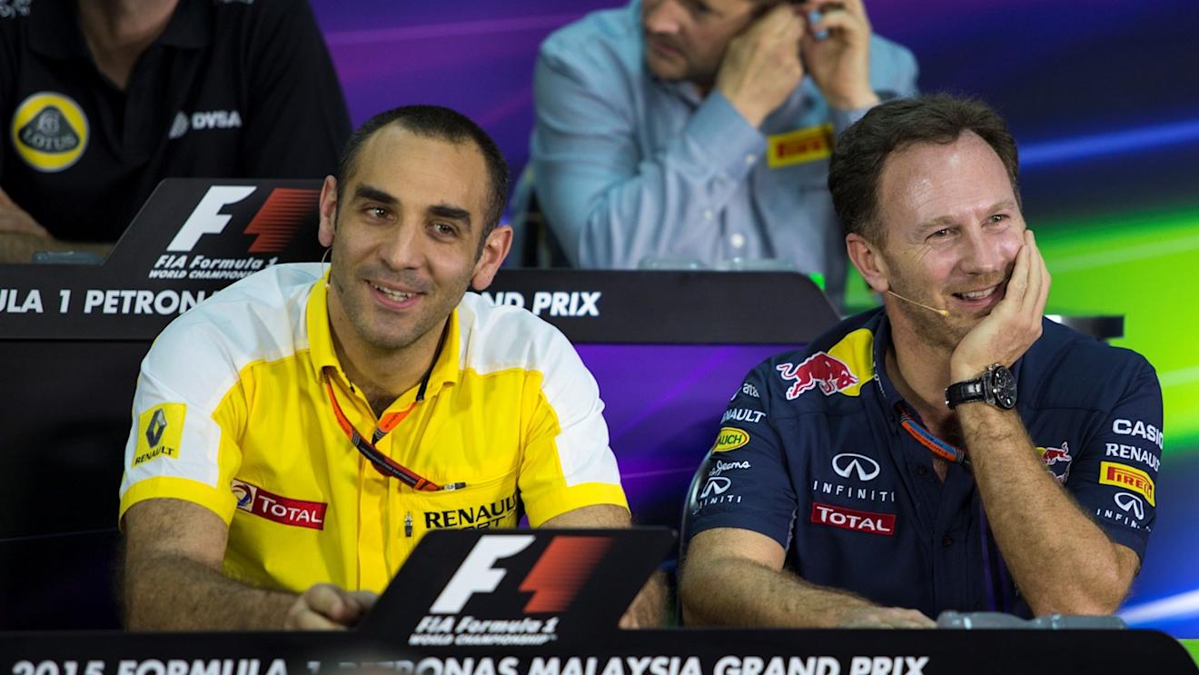 Cyril Abiteboul (FRA) Renault Sport and Christian Horner (GBR) Red Bull Racing Team Principal in the Press Conference at Formula One World Championship, Rd2, Malaysian Grand Prix, Practice, Sepang, Malaysia, Friday 27  March 2015. © Sutton Motorsport Images