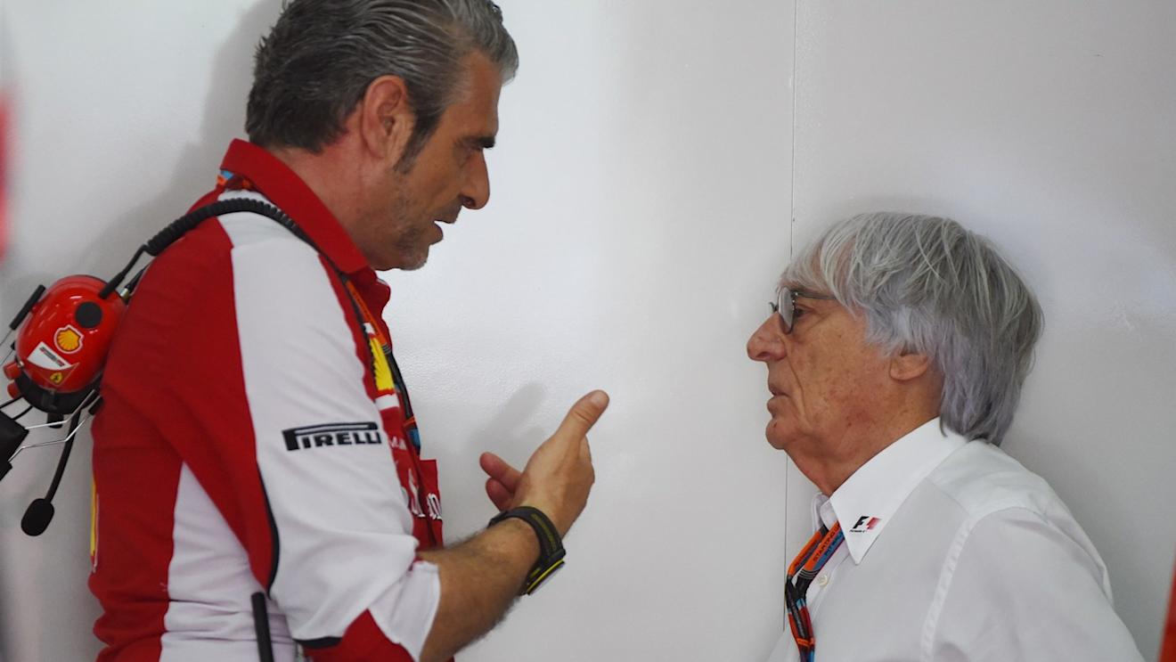 Maurizio Arrivabene (ITA) Ferrari Team Principal talks with Bernie Ecclestone (GBR) CEO Formula One Group (FOM) in the Ferrari garage at Formula One World Championship, Rd2, Malaysian Grand Prix, Qualifying, Sepang, Malaysia, Saturday 28  March 2015. © Sutton Motorsport Images