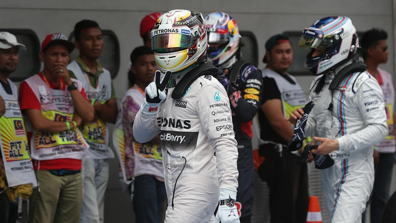 Pole sitter Lewis Hamilton (GBR) Mercedes AMG F1 celebrates in parc ferme at Formula One World Championship, Rd2, Malaysian Grand Prix, Qualifying, Sepang, Malaysia, Saturday 28  March 2015. © Sutton Motorsport Images