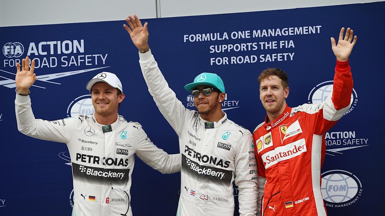 (L to R): Third placed Nico Rosberg (GER) Mercedes AMG F1, pole sitter Lewis Hamilton (GBR) Mercedes AMG F1 and second placed Sebastian Vettel (GER) Ferrari celebrate in parc ferme at Formula One World Championship, Rd2, Malaysian Grand Prix, Qualifying, Sepang, Malaysia, Saturday 28  March 2015. © Sutton Motorsport Images