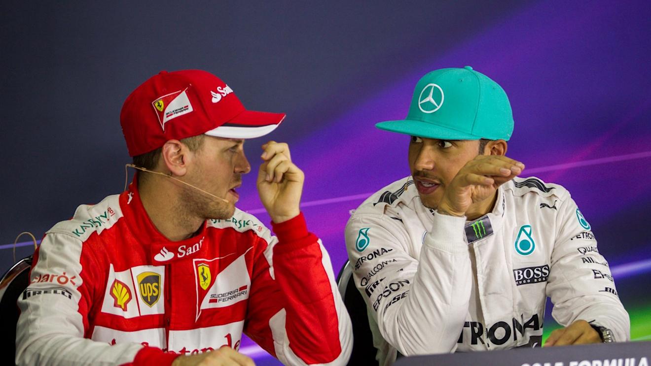 Lewis Hamilton (GBR) Mercedes AMG F1, Sebastian Vettel (GER) Ferrari and Nico Rosberg (GER) Mercedes AMG F1 in the Press Conference at Formula One World Championship, Rd2, Malaysian Grand Prix, free practice 3, Sepang, Malaysia, Saturday 28  March 2015. © Sutton Motorsport Images