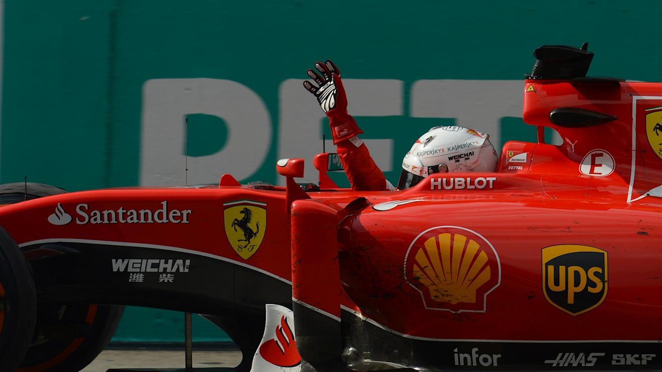 Sebastian Vettel (GER) Ferrari SF15-T celebrates winning at Formula One World Championship, Rd2, Malaysian Grand Prix, Race, Sepang, Malaysia, Sunday 29 March 2015. © Sutton Motorsport Images