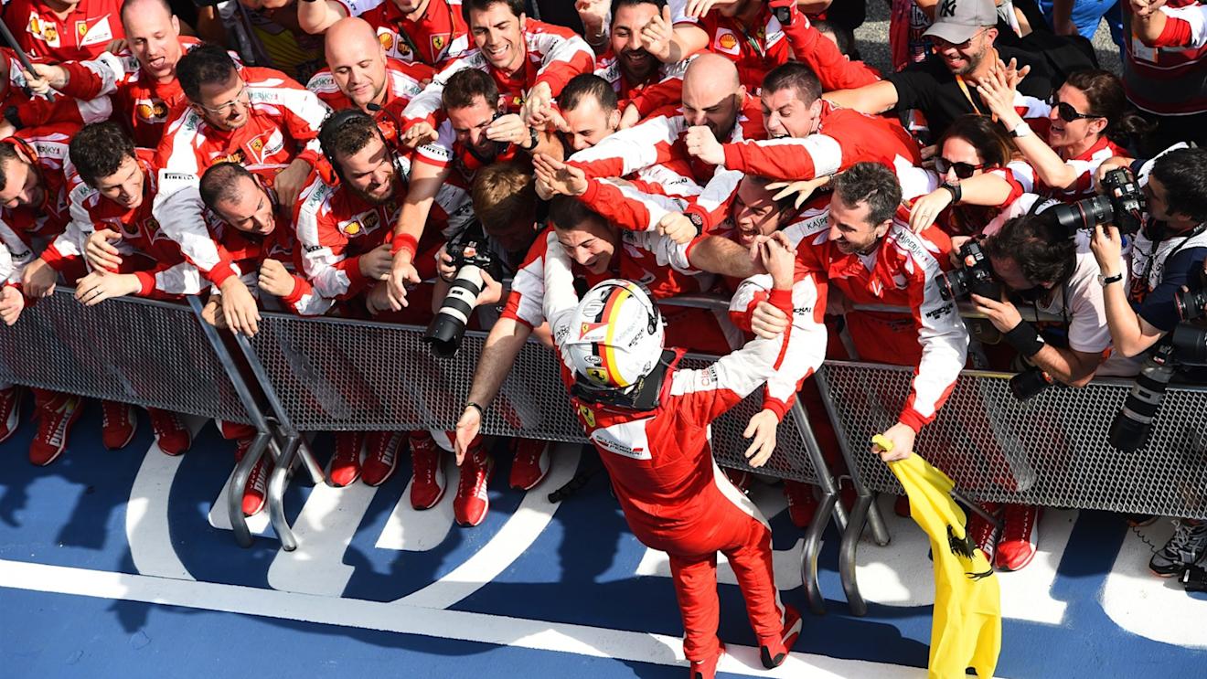 Sebastian Vettel (GER) Ferrari celebrates victory in Parc Ferme at Formula One World Championship, Rd2, Malaysian Grand Prix, Race, Sepang, Malaysia, Sunday 29 March 2015. © Sutton Motorsport Images