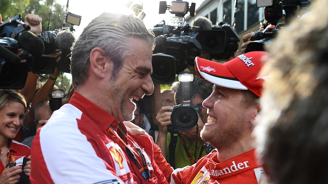 Maurizio Arrivabene (ITA) Ferrari Team Principal andSebastian Vettel (GER) Ferrari at Formula One World Championship, Rd2, Malaysian Grand Prix, Race, Sepang, Malaysia, Sunday 29 March 2015. © Sutton Motorsport Images