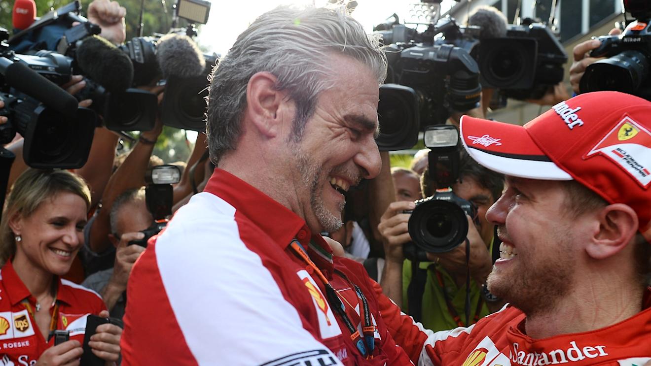 Maurizio Arrivabene (ITA) Ferrari Team Principal and Sebastian Vettel (GER) Ferrari at Formula One World Championship, Rd2, Malaysian Grand Prix, Race, Sepang, Malaysia, Sunday 29 March 2015. © Sutton Motorsport Images