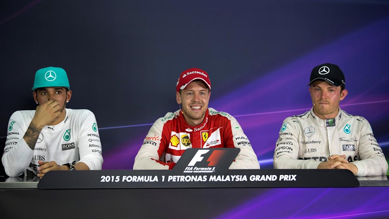 (L to R): Lewis Hamilton (GBR) Mercedes AMG F1, Sebastian Vettel (GER) Ferrari and Nico Rosberg (GER) Mercedes AMG F1 in the post race Press at Formula One World Championship, Rd2, Malaysian Grand Prix, Race, Sepang, Malaysia, Sunday 29 March 2015. © Sutton Motorsport Images