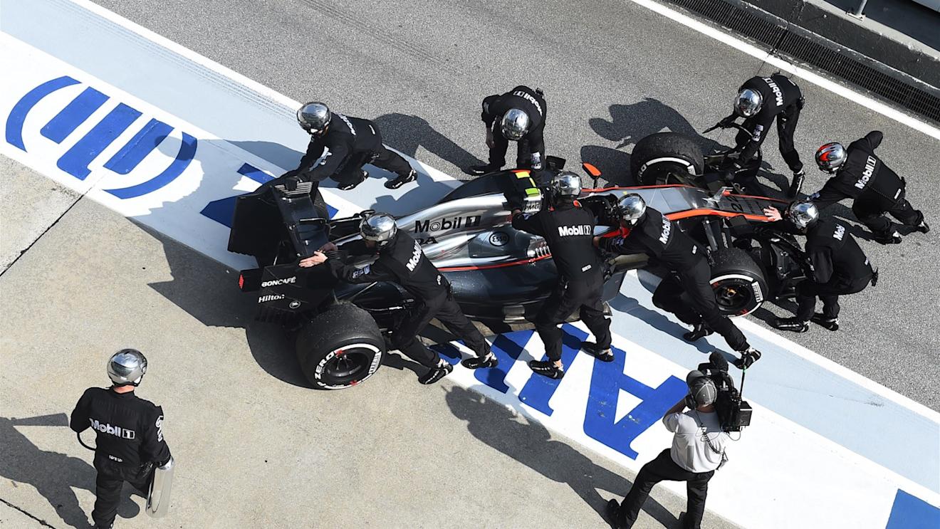 Jenson Button (GBR) McLaren MP4-30 retires from the race in the pits at Formula One World Championship, Rd2, Malaysian Grand Prix, Race, Sepang, Malaysia, Sunday 29 March 2015. © Sutton Motorsport Images