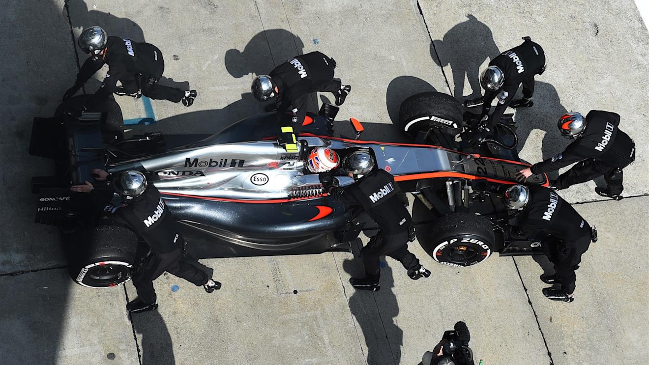 Jenson Button (GBR) McLaren MP4-30 retires from the race in the pits at Formula One World Championship, Rd2, Malaysian Grand Prix, Race, Sepang, Malaysia, Sunday 29 March 2015. © Sutton Motorsport Images