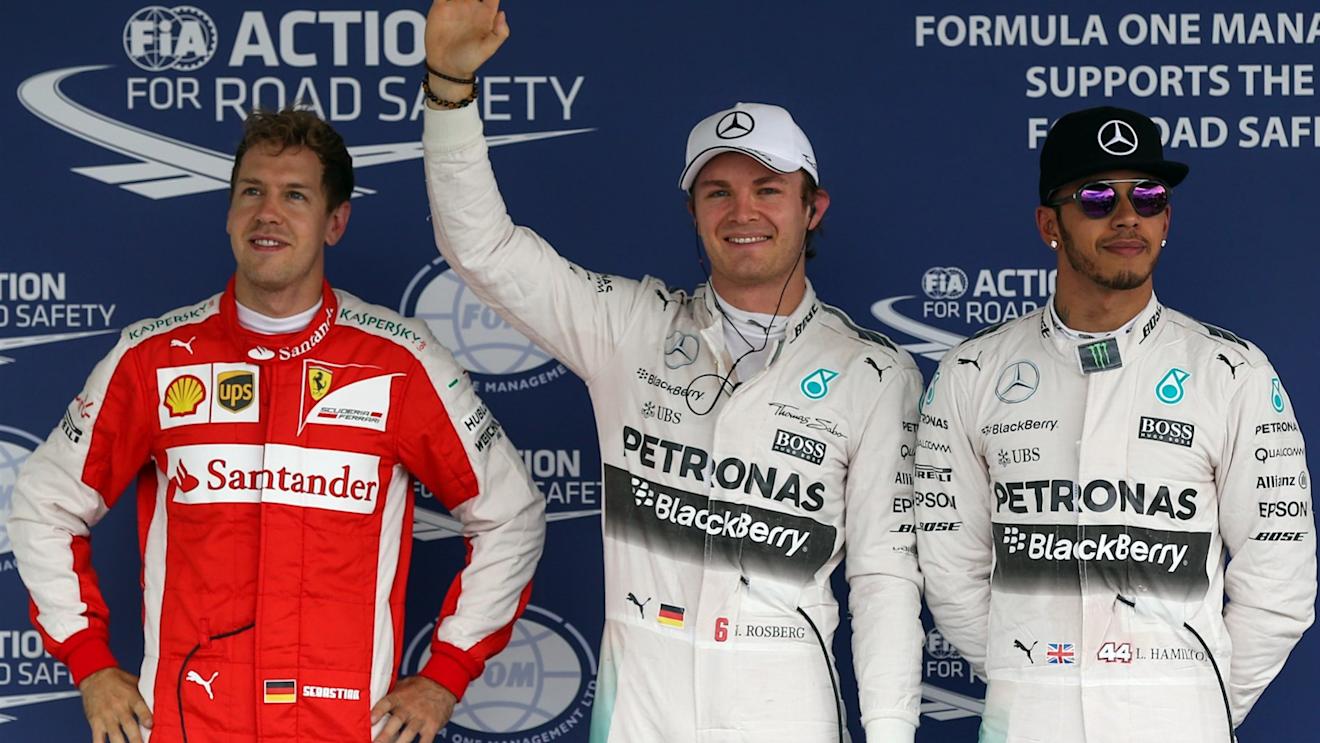 (L to R): Sebastian Vettel (GER) Ferrari, pole sitter Nico Rosberg (GER) Mercedes AMG F1 and Lewis Hamilton (GBR) Mercedes AMG F1 celebrate in parc ferme at Formula One World Championship, Rd17, Mexican Grand Prix, Qualifying, Circuit Hermanos Rodriguez, Mexico City, Mexico, Saturday 31 October 2015. © Sutton Motorsport Images
