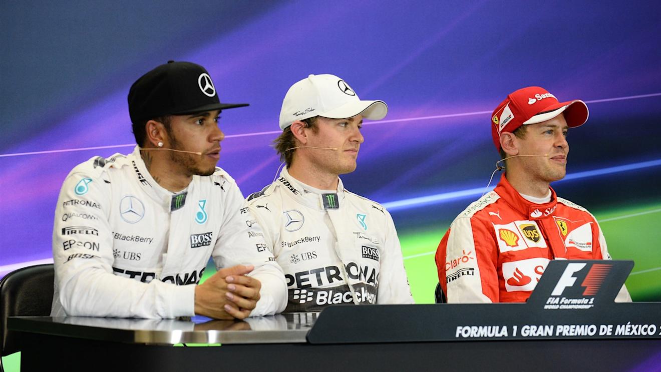 (L to R): Lewis Hamilton (GBR) Mercedes AMG F1, Pole sitter Nico Rosberg (GER) Mercedes AMG F1 and Sebastian Vettel (GER) Ferrari in the press conference at Formula One World Championship, Rd17, Mexican Grand Prix, Qualifying, Circuit Hermanos Rodriguez, Mexico City, Mexico, Saturday 31 October 2015. © Sutton Motorsport Images