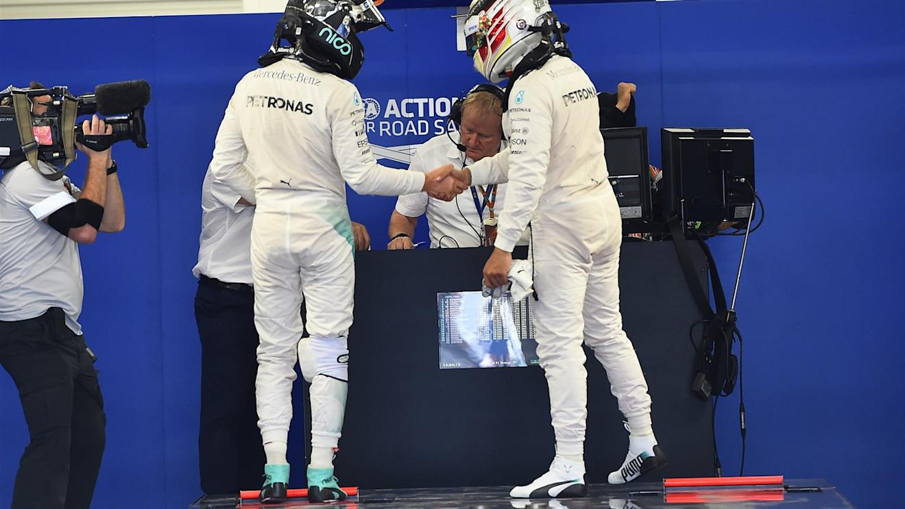 Lewis Hamilton (GBR) Mercedes AMG F1 and pole sitter Nico Rosberg (GER) Mercedes AMG F1 in Parc ferme at Formula One World Championship, Rd17, Mexican Grand Prix, Qualifying, Circuit Hermanos Rodriguez, Mexico City, Mexico, Saturday 31 October 2015. © Sutton Motorsport Images
