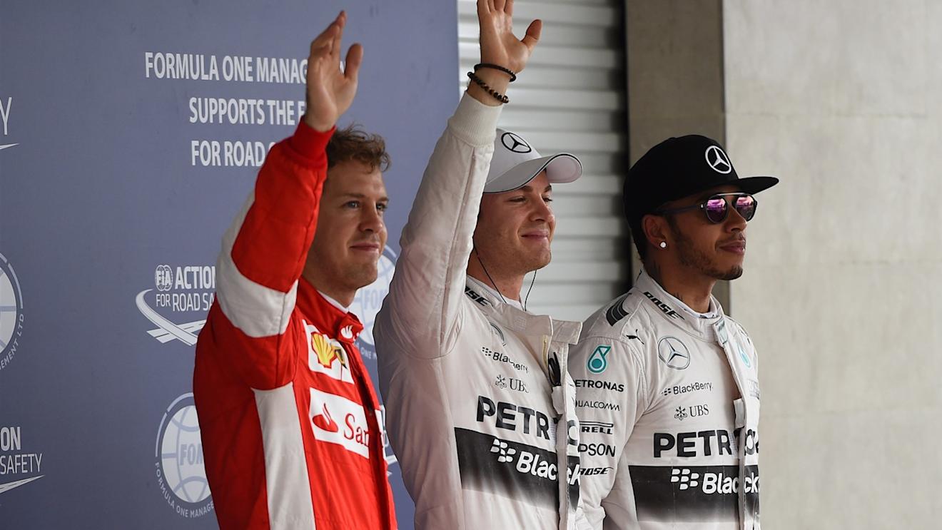 (L to R): Sebastian Vettel (GER) Ferrari, pole sitter Nico Rosberg (GER) Mercedes AMG F1 and Lewis Hamilton (GBR) Mercedes AMG F1 in Parc ferme at Formula One World Championship, Rd17, Mexican Grand Prix, Qualifying, Circuit Hermanos Rodriguez, Mexico City, Mexico, Saturday 31 October 2015. © Sutton Motorsport Images