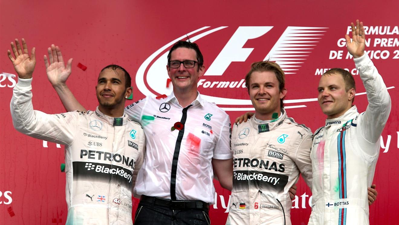 Lewis Hamilton (GBR) Mercedes AMG F1, Grand Prix Extra, race winner Nico Rosberg (GER) Mercedes AMG F1 and Valtteri Bottas (FIN) Williams celebrate on the podium at Formula One World Championship, Rd17, Mexican Grand Prix, Race, Circuit Hermanos Rodriguez, Mexico City, Mexico, Sunday 1  November 2015. © Sutton Motorsport Images