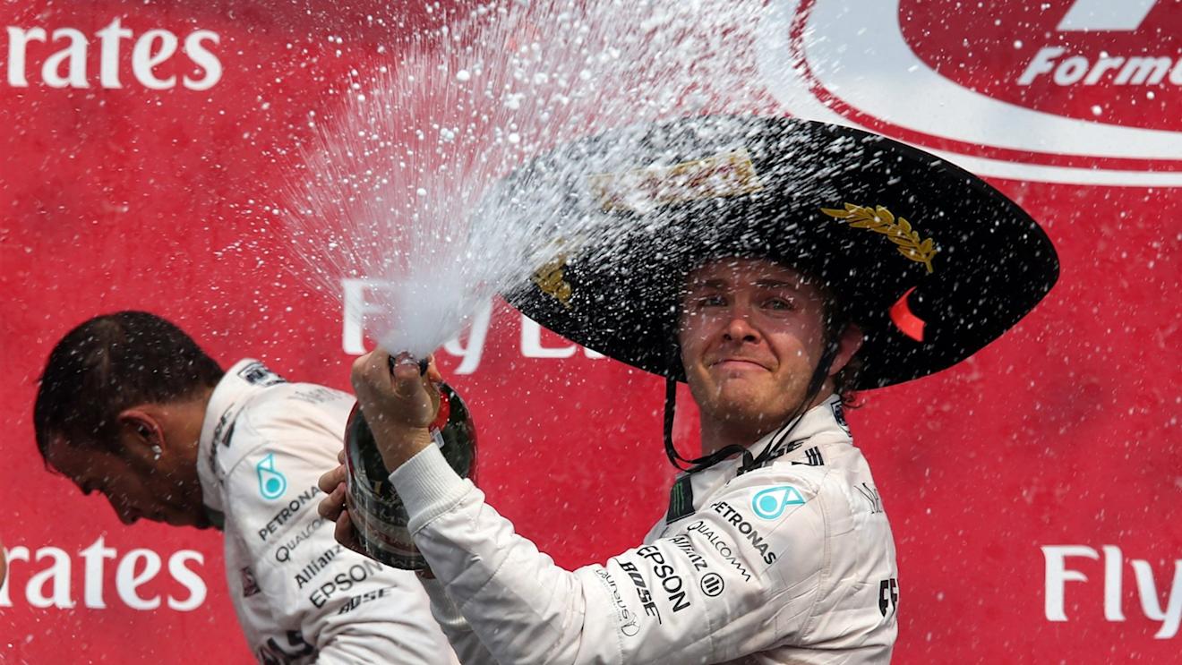 Lewis Hamilton (GBR) Mercedes AMG F1 and Race winner Nico Rosberg (GER) Mercedes AMG F1 celebrates with the champagne on the podium at Formula One World Championship, Rd17, Mexican Grand Prix, Race, Circuit Hermanos Rodriguez, Mexico City, Mexico, Sunday 1  November 2015. © Sutton Motorsport Images