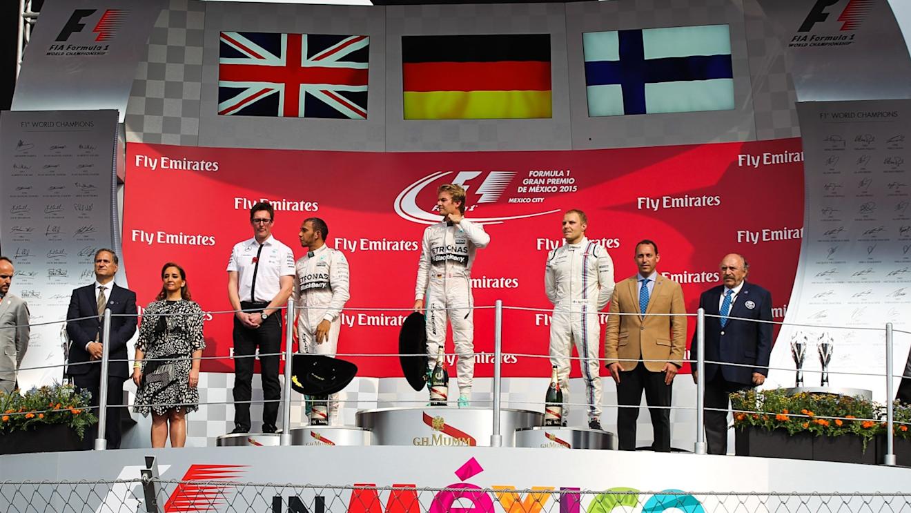 (L to R): Andy Shovlin (GBR) Mercedes AMG F1 Chief Engineer, Lewis Hamilton (GBR) Mercedes AMG F1, race winner Nico Rosberg (GER) Mercedes AMG F1 and Valtteri Bottas (FIN) Williams celebrate on the podium at Formula One World Championship, Rd17, Mexican Grand Prix, Race, Circuit Hermanos Rodriguez, Mexico City, Mexico, Sunday 1  November 2015. © Sutton Motorsport Images