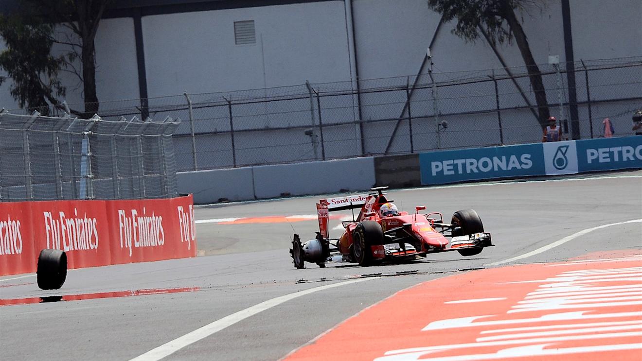 Sebastian Vettel (GER) Ferrari SF15-T with a puncture on lap one at Formula One World Championship, Rd17, Mexican Grand Prix, Race, Circuit Hermanos Rodriguez, Mexico City, Mexico, Sunday 1  November 2015. © Sutton Motorsport Images